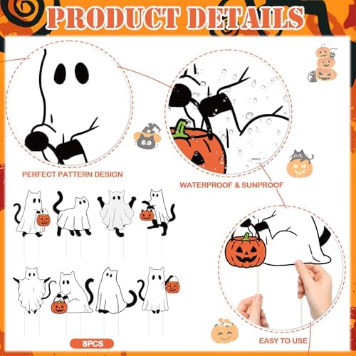 Rngmsi Halloween Yard Decorations Outdoor, 8PCS Halloween Outdoor Ghost Cat Yard Lawn Stakes, Cat Pumpkin Lawn Sign with Stakes Waterproof Halloween Garden Stakes for Outside Scary Spooky Decor