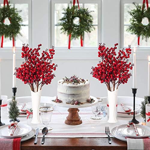 DearHouse 4 Pack Artificial Red Berry Stems Holly Christmas Berries for Festival Holiday Crafts and Home Decor, 19.5 Inches Burgundy Berry Floral Christmas Tree Decoration