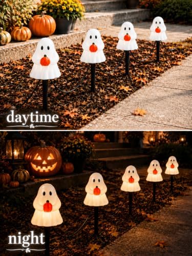 10.5FT Halloween Ghost Pathway Lights, 5 PK Plug in LED Ghost Stake Lights