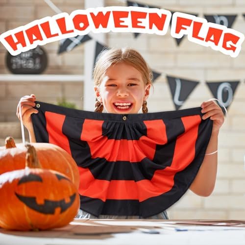Newwiee 6 Pcs 3 x 1.5 ft Halloween Flag Bunting Half Fan Hanging Pleated Flag Banner with 3 Grommets for Halloween Indoor Outdoor House Party Holiday Yard Decorations Props, Black Orange