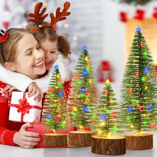 4 PCS Mini Christmas Trees with Lights, 4 Sizes Artificial Christmas Trees
