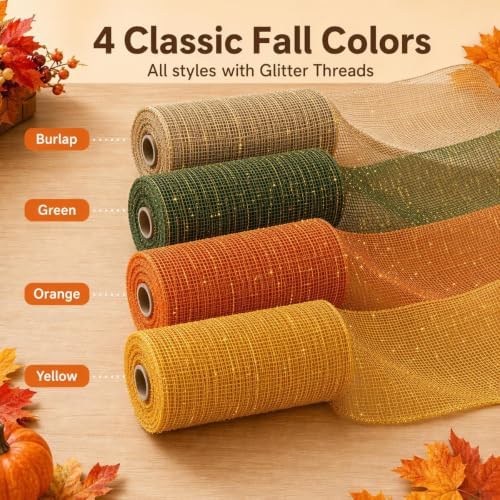 Thanksgiving Mesh Ribbon Deco Green Golden Orange Fall Deco Mesh Wire Ribbon Metallic Foil Rolls for DIY Auntumn Thanksgiving Wreaths Decorations Wrapping Craft, 4 Rolls(6 inch Wide)