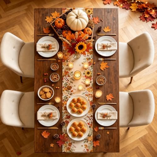 Fall Table Runner 13×72 in with Fall Decor Pumpkin, Sunflower&Leaf
