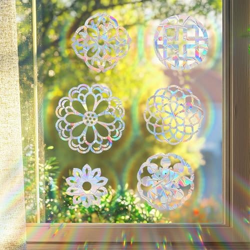 22PCS Mandala Window Clings Non Adhesive Rainbow Clings for Glass Window Decals to Prevent Bird Strikes Anti Collision Window Bird Stickers, Rainbow Sticker