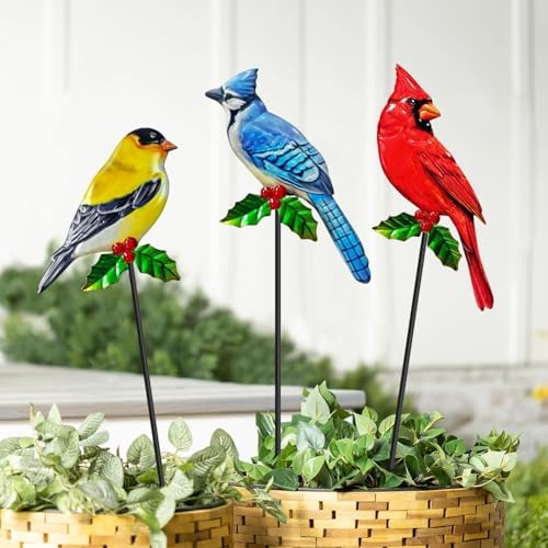 WAIU 3 Pack Metal Birds Garden Stakes, Outdoor Lawn Yard Ornaments Garden Decorations