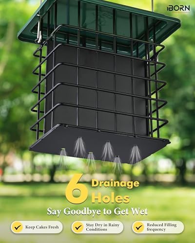iBorn Double Suet Feeder- Metal Roof Bird Feeder with Taller Grid for Woodpeckers, Suet Cake Cage Bird Feeder for Outdoors Hanging,Easy-Clean & Refill,Green (2 Pack)