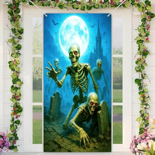 BlissYard Halloween Skeleton Graveyard Door Cover 35x71 Inch Polyester