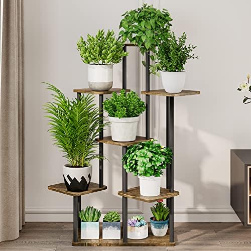 AZERPIAN 7 Tier Tall Plant Stand Indoor Corner Tiered Shelf Metal MDF Board