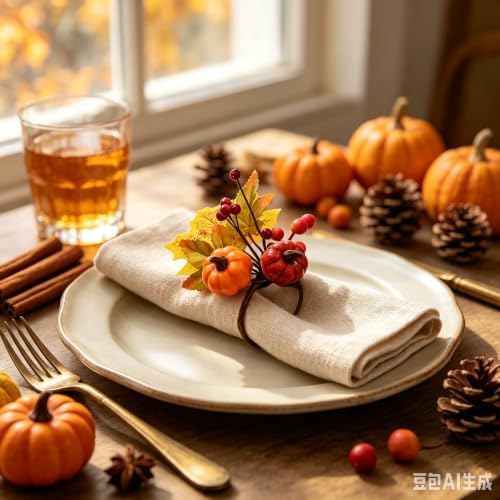 12 PCS Fall Napkin Rings Thanksgiving Napkin Rings Fall Napkin Holder Buckles with Maple Leaves Berries Autumn Harvest Table Decor for Dinner Party Banquet Wedding