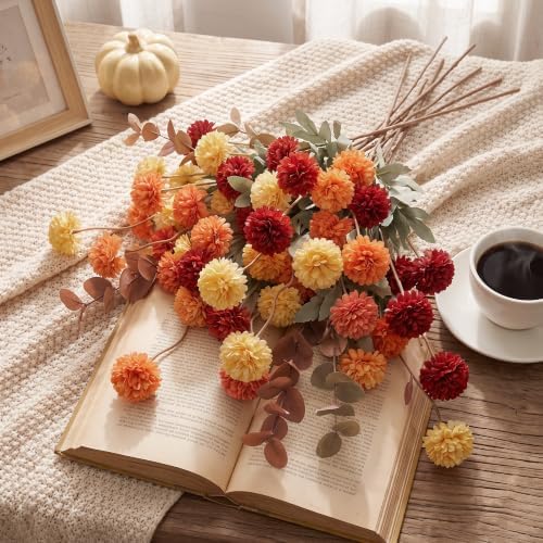 14Pcs Fall Flowers Artificial Fake Silk Pompom Mum with Eucalyptus for Vase