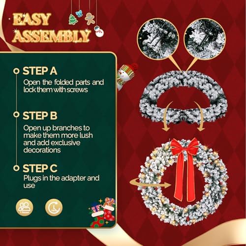 VINGLI 60" Extra Large LED Christmas Wreath with 220 Warm White Lights