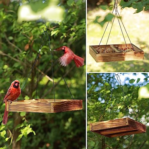 MIXXIDEA Bird Feeder Hanging Tray, Wooden Platform Hummingbird Feeder Mesh Seed Platform for Garden Yard Outside Decoration Attracting Wild Birds (Brown)