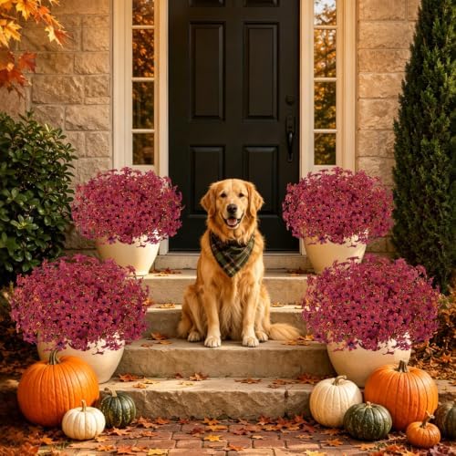12 Pcs Artificial Fall Flowers for Outdoors, UV Resistant Fake Mums Porch