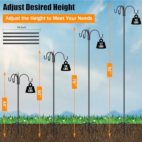 FEED GARDEN Heavy Duty Shepherds Hook 92" Triple Hooks - Metal 5-Prong Base, Adjustable (44/60/76/92") - 15lb Capacity Bird Feeder Pole for Hanging Plants, Solar Lanterns, Wind Chimes, 1 Pack
