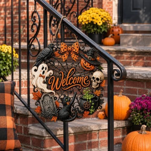 Halloween Wreath for Front Door, Wooden Welcome Sign, Black Cat and Ghost