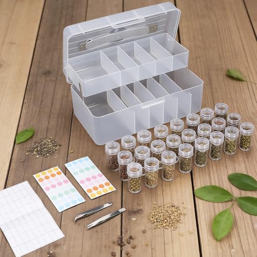 32 Slots Seed Storage Box Organizer with Label Sticker and 2 Tweezers,Portable Garden Seed Saving kit, Packet Organizer for Plant, Flower,Vegetable Seeds