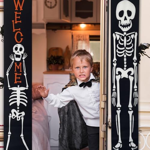 Halloween Porch Banners Skull Skeleton Welcome Front Door Decorations