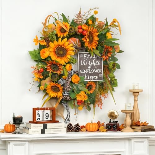 Fall Wreaths for Front Door 24 Inch, Autumn Harvest Wreath with Sunflower