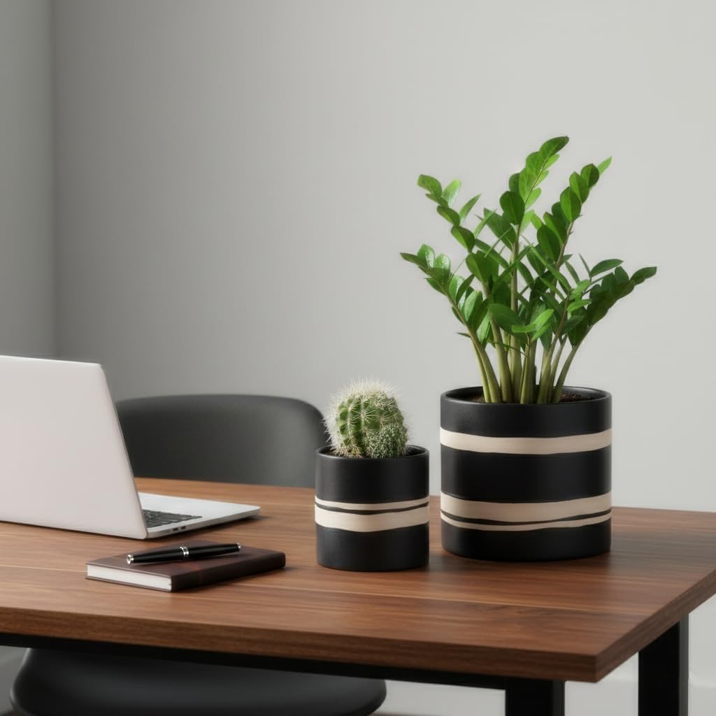 Nihow Ceramic Modern Plant Pot with Drainage for Indoor Plants,5+7 inch | set of 2,Black,Cylinder Flower Pot with