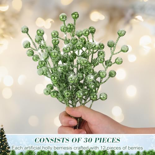 Geosar 30 Pieces Artificial Christmas Berry Picks with Snowflake Glitter Holly Berry Stems for Christmas Tree Ornaments Vases DIY Crafts Wedding Party Holiday Decor(Glitter Green)