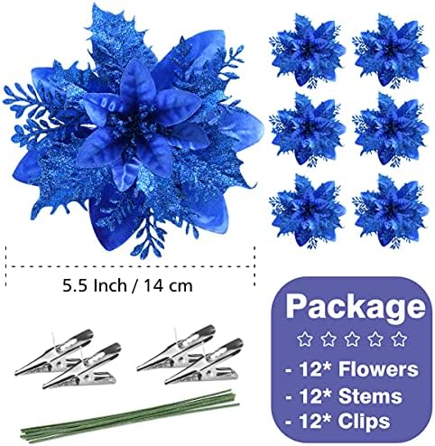 FurRain Christmas Poinsettia Artificial Flowers Decorations 5.5" Christmas Tree Wreaths Garland Decoration 12 Pcs Glitter Flowers Picks Decor for Xmas Wedding Party Ornaments (Royal Blue)
