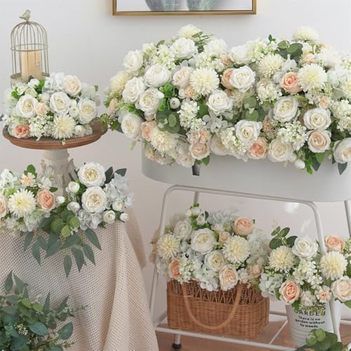 8 Pcs Mixed Artificial Peony Flowers Set-4 Bouquets & 4 Stems, White Fake Peony Rose Hydrangea Flower for Vase Silk Floral Arrangements for Table Centerpiece Wedding Party Bridal Decoration Home Decor