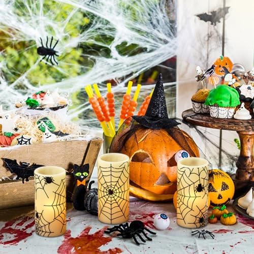 Spider Cobweb Halloween LED Flameless Pillar Candles with 6H Timer
