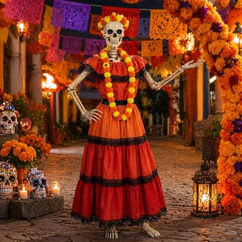 3 Pcs La Catrina Costume Set for 12 Ft Skeleton Day of the Dead Decor