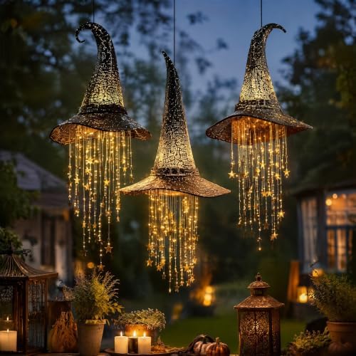 Lighted Witch Hat Hanging Chime, Spooky Witch Hat Lamp with Cascading Stars