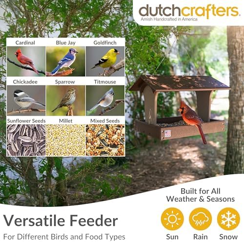 DutchCrafters Plastic Poly Covered Roof Hanging Fly Through Bird Feeder Open Side Platform Seed Tray for Outside Outdoor Garden - Amish American Made in USA (Tudor Brown & Weatherwood)