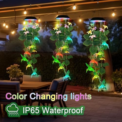 Hummingbirds Solar Wind Chimes Outdoor,Color Changing LED Dangler Mobiles