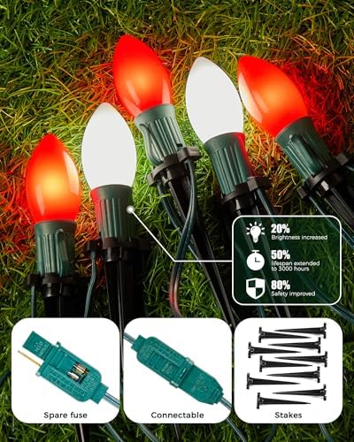 Christmas Pathway Lights Outdoor,51.4 Ft Lights with 40 Red and White Bulbs