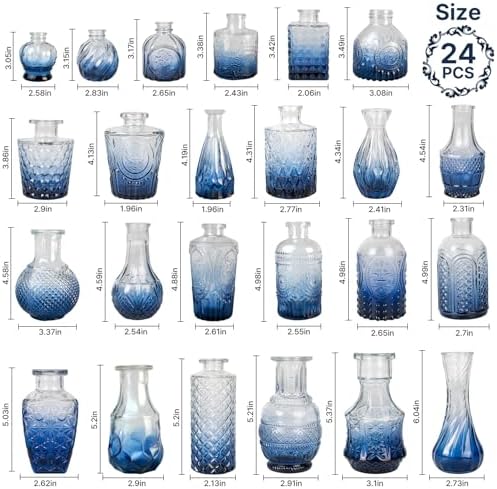 Clear Gradient Blue Glass Bud Vase Set of 24 Pcs,Small Bud Vases in Bulk,Glass Crystal Flower Vases Table Centerpieces for Party Event Wedding Decor Baby Shower Decorations (Gradient Blue, 24 Pcs)