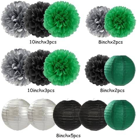 Green-Black Silver Party-Decorations Paper Flowers Lanterns - 15PCS Football Game Day Birthday Tissue Pom Poms Streamers, Bachelorette New Years Hanging Supplies Decor Hugfond