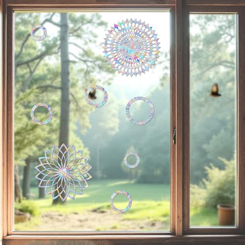 Mandala-Ring Prism Window Collision Clings for Bird Strikes, 27 Pieces
