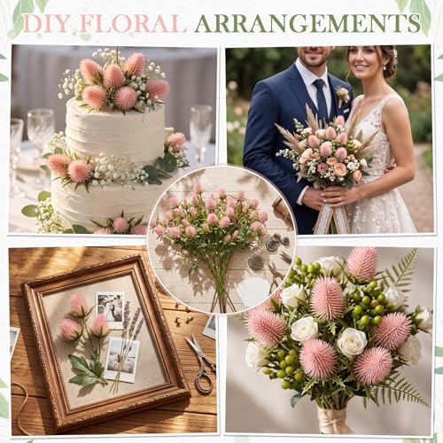 XunYee 50 Heads Artificial Thistle Flowers 5 Bundles Pink Faux Thistle Eryngium Spray with Stems 27'' Sea Holly Floral Branches for Wedding Bouquets Centerpieces Party Home Decor