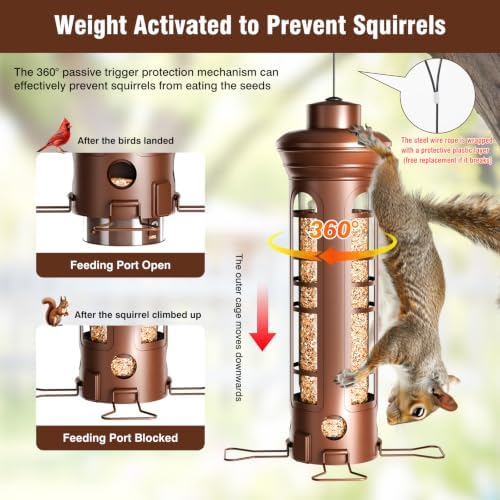 Squirrel Proof Bird Feeder for Outdoors, 360° Weight-Sensitive Activation, Removable Base for Easy Cleaning, 3 Lbs Capacity, 4 Feeding Ports, Tube Metal Bird Feeder for Cardinals, Finches