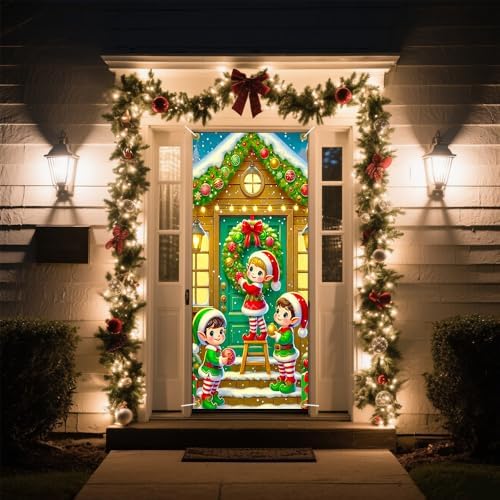Elf Trio A-Frame Cabin Snowy Christmas Door Cover 35x71in