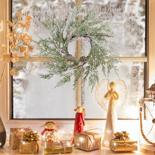 Winlyn 4 Pcs Artificial Snowy Cedar Pine Candle Rings Christmas Candle Holder Rings Wreaths with Pine Cones Red Pip Berries Mini Winter Wreaths 15.7" Wide for Farmhouse Christmas Winter Holiday Décor