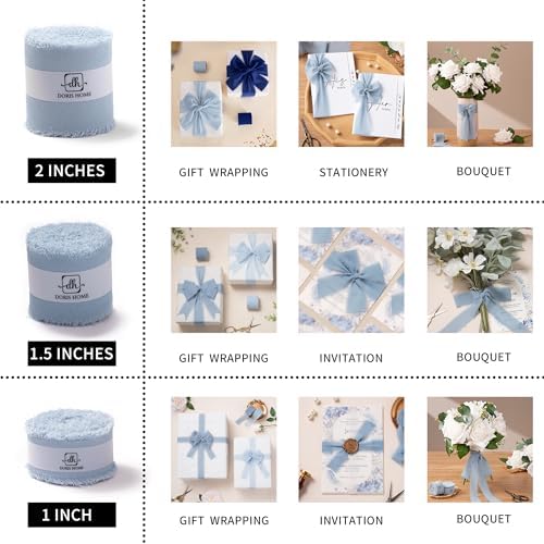 DORIS HOME Handmade Frayed Fringe Chiffon Ribbon 1" x 21Yd Dusty Blue