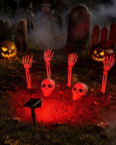 7P Halloween Skeleton Decorations Outdoor with Solar Spotlight, 2 Skull