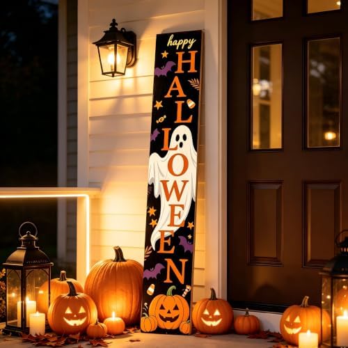 Happy Halloween Ghost Pumpkin Porch Sign 47 Inch Rustic Vertical Welcome Sign Farmhouse Wooden Front Door Standing Outdoor Indoor Halloween Decor