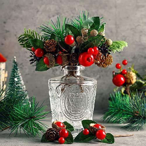 Janinka 28 Pcs Artificial Christmas Greenery Red Berry Picks Pine Cones Holly Berries Flower Stem Needles Branches Fake Greenery Floral Picks for Xmas Tree Winter Crafts Party Festive Home Decor
