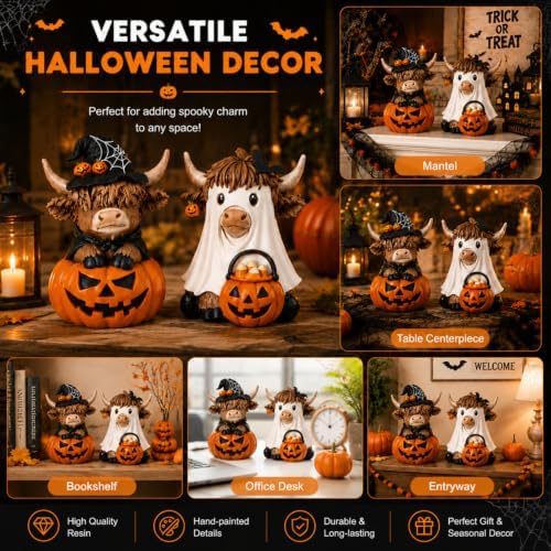 Karenhi 2 Pcs Halloween Highland Cows Figurines Resin, Pumpkin Decor