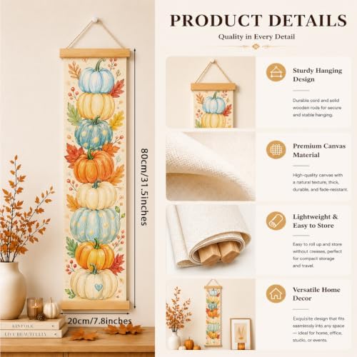 Fall Wall Hanging Decor Banner, Stacked Pumpkin Canvas Art for Home Office