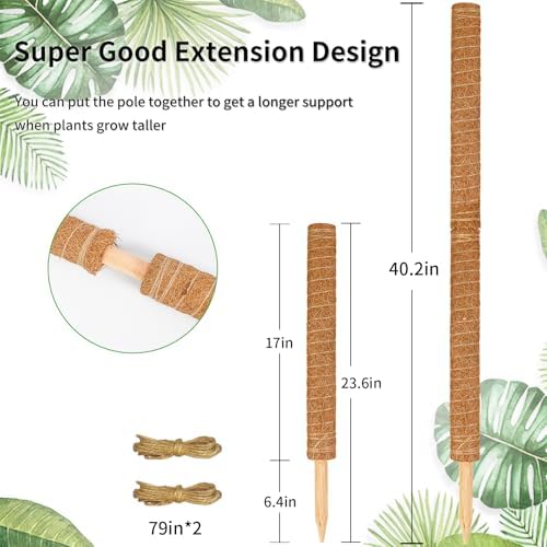 JJGoo Moss Pole for Plants Monstera, 2 Pack 23.6 inch Plant Support Pole, Extendable Coir Totem Pole for Potted Plants Pothos,Train Indoor Climbing Plants to Grow Upwards - Extends to 40.6 Inches