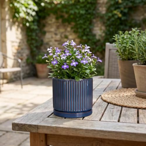 4 Inch Pots for Plants, Ceramic Plant Pots with Saucer, Retro Blue