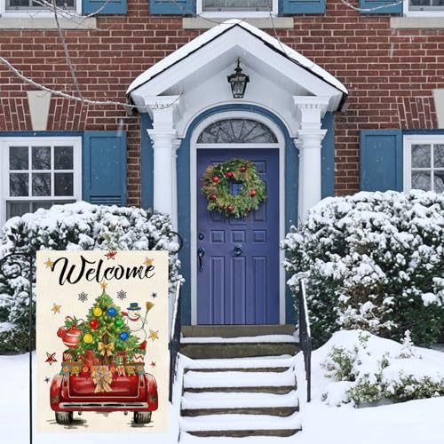 Winter Christmas Garden Flag, Red Truck with Holiday Elements, 12x18 Inches, Double Sided, Burlap, Weather & Fade Resistant
