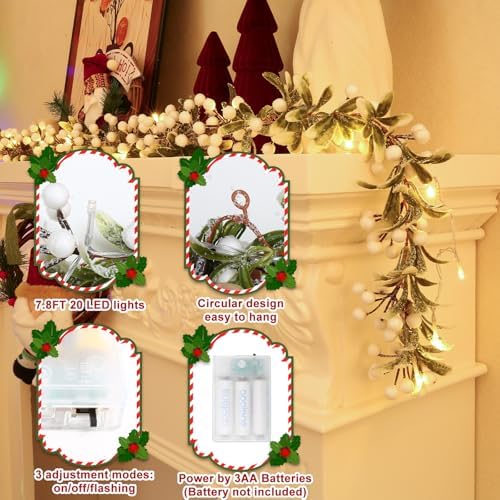 Breeze Touch Christmas Garland with Lights Battery Operated, 5.9ft 20 LED White Berry Lighted Garland, Christmas Decorations Prelit Garland Indoor Outdoor Fireplace Stairs Railing Mantle Decor