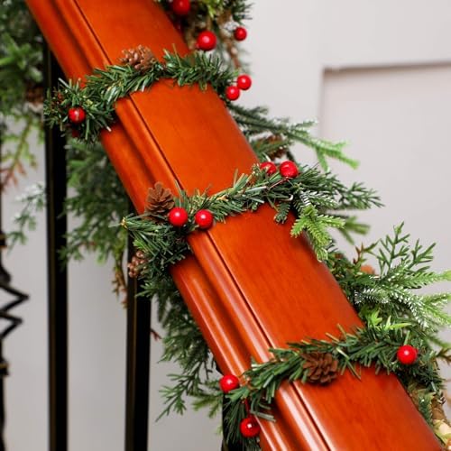 Jutom 24 Pcs Christmas Garland Ties 13.7" Christmas Garland Twist Ties with Red Berries and Pine Cones Xmas Artificial Pine Garland for Christmas Decoration Craft Gift Wrapping Holiday Banister Decor